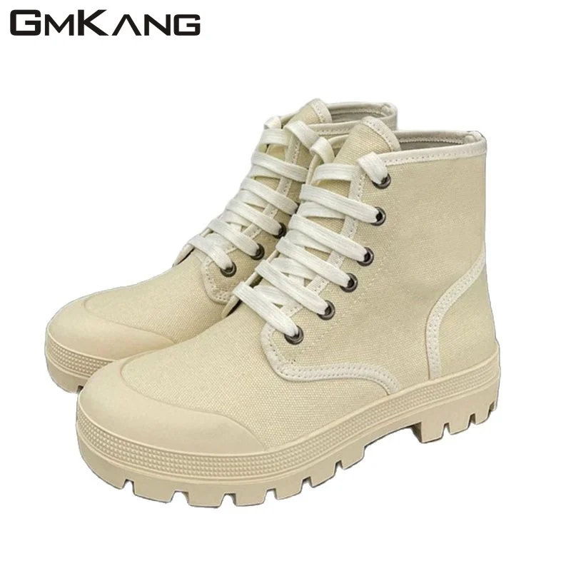 Thick Sole Short Boots Woman Canvas Boots Female Lace Up Round Toe Flat Motorcycle Boots Women High Top Sneakers Women