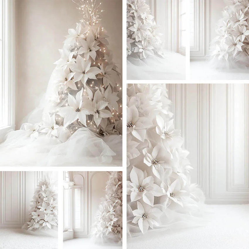 Fondo de fotografía Mehofond Panel blanco Poinsettia árbol de Navidad niños familia vacaciones retrato decoración telón de fondo estudio fotográfico