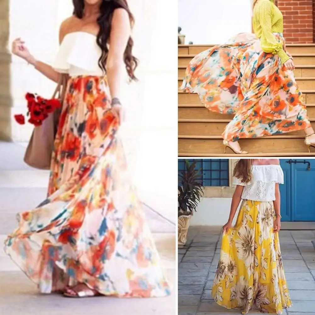 High Waist Maxi Skirt Elastic Waistband Loose Fit Thin Bohemia Floral Print Flowy Hem Skirt Streetwear