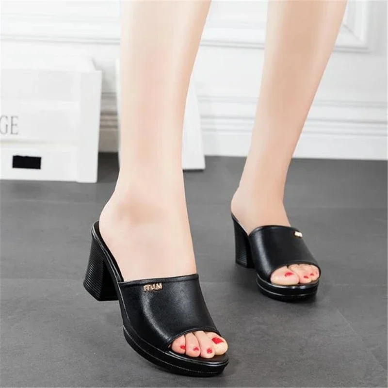 Women Sexy High Heel Clogs Summer Peep Toe Platform Mules Ladies Genuine Leather Slippers Female Slip On Sandals Shoes