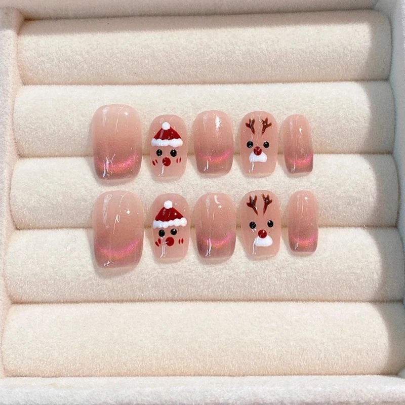 10 قطعة عيد الميلاد نمط قصير اليدوية الصحافة على الأظافر ندفة الثلج القط العين هدايا السنة الجديدة الأظافر التصحيح انفصال وهمية مسمار بقع