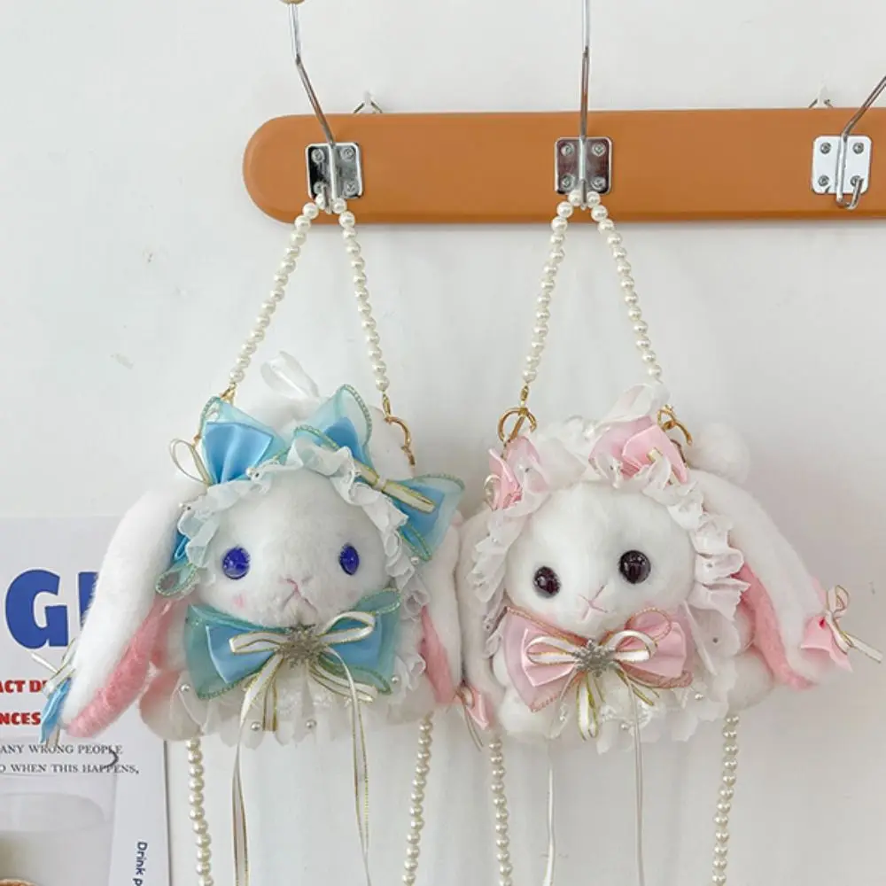 New Cute Bunny Plush Bag Lolita Element Shoulder Bag Kawaii Princess Sweet Pearl Chain Crossbody Bags Long-eared Rabbit Purse