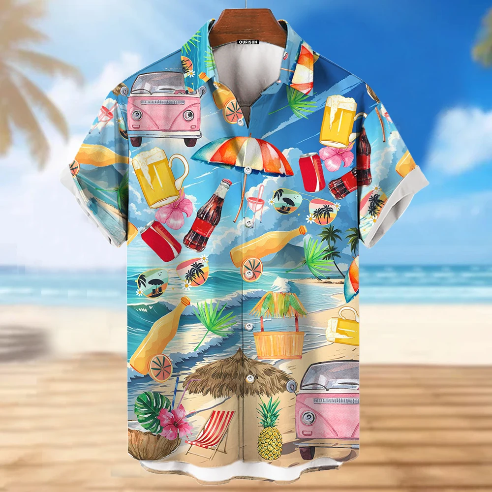 

2025 Hawaiian shirt for men, short -sleeved, fun, with buttons, tropical style, holidays, beach, summer, Aloha Hawaii