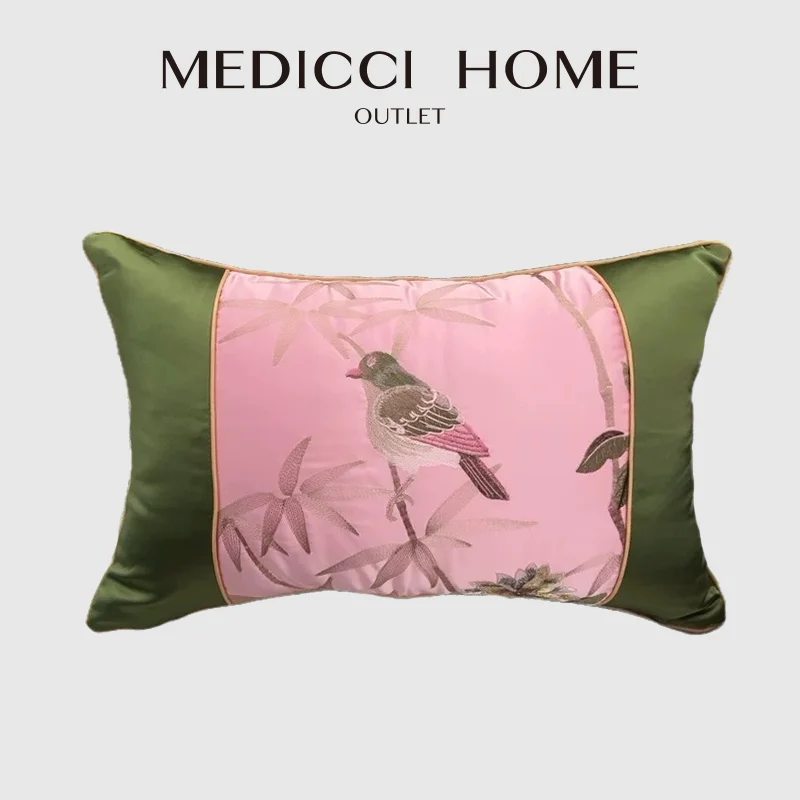 

Medicci Home Luxury Full Embroidery Flower Sparrow Bird Waist Pillow Cover Chinese Style Dacoration Cushion Case 35x50cm 40x60cm