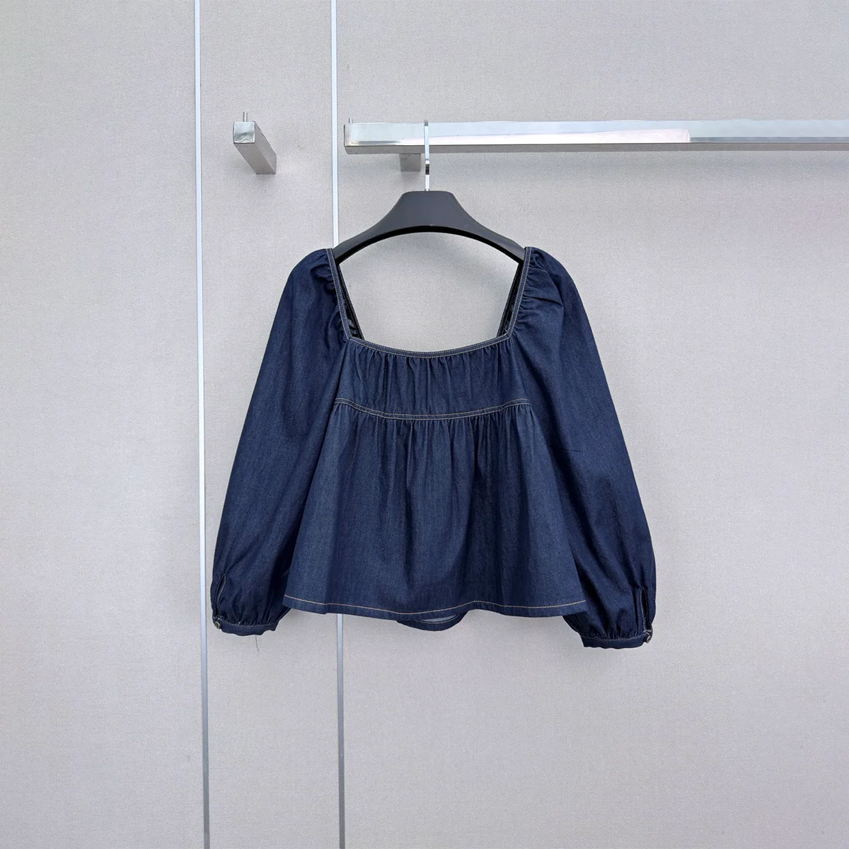 2026 High Quality New Women's Square Neck Bubble Sleeve Short Denim Top--hb731