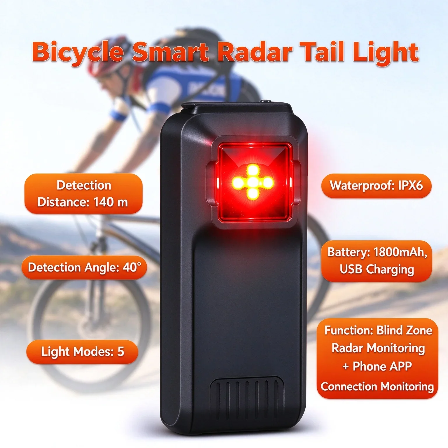 Smart Bicycle Radar Tail Light 140M Blind Spot Monitoring 40° Detection Angle 5 Light Modes IPX6 Waterproof 1800mAh USB Rechargeable APP Monitor Bike Rear Light
