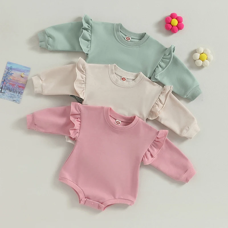 2023-06-21 Lioraitiin 0-18M Baby Boy Girl Sweatshirt Bodysuit Ruffle Long Sleeve Round Neck Solid Color Infant Jumpsuit