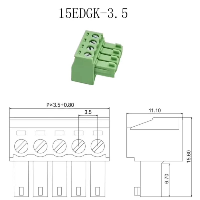 10 Pair 15EDG 3.5mm Plug-in Terminal Block Straight Pin PCB Screw Terminal Connectors 2/3/4/5/6/7/8/9/10P KF15EDG-3.5 Green