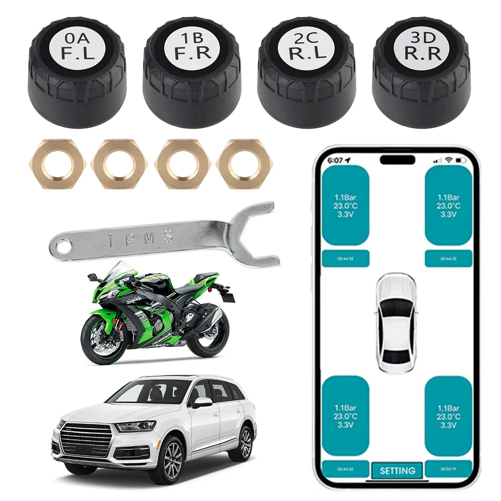 

Приложение Дисплей Bluetooth 5,0 Датчики TPMS 2/4 шт. Датчик шин для мотоцикла Система контроля давления в автомобильных шинах Тестер автомобильных шин