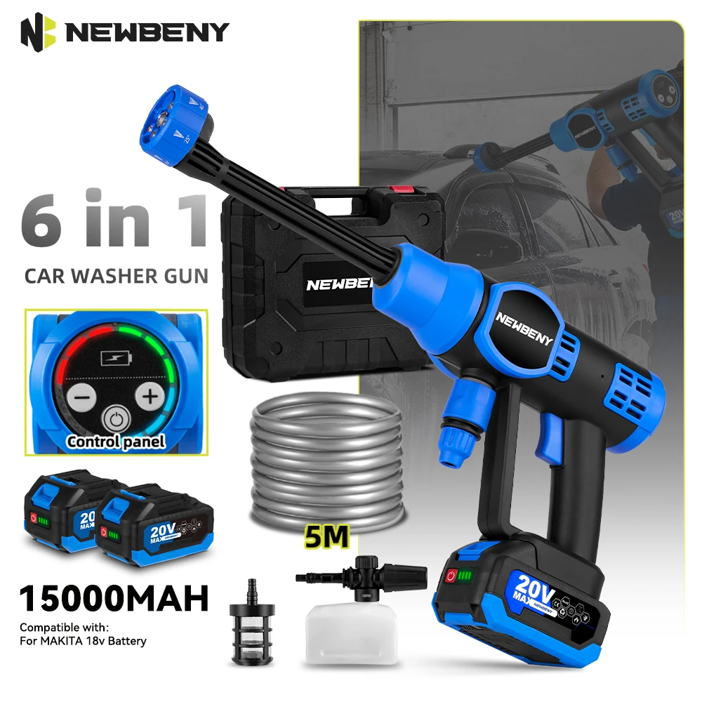 NEWBENY 6IN1 200Bar Brushless High Pressure Washer Electric Car Wash Water Gun Garden Washing Power Tools for Makita 18V Battery