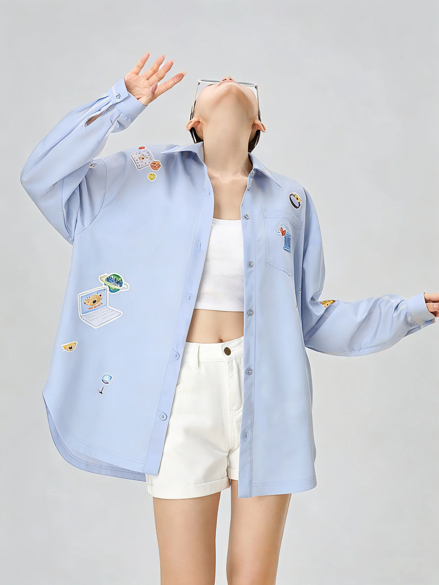 

Blue Floral Print Loose Long Sve irt Jaet Women's Spring Unique Sli Casual Top Polyester Fiber Regular Fit