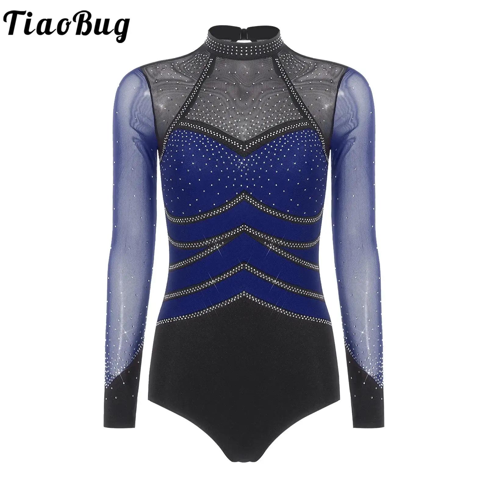 

Женский купальник для художественной гимнастики, фигурного катания, боди со стразами, прозрачная сетка, комбинезон с длинными рукавами и пуговицами в промежности