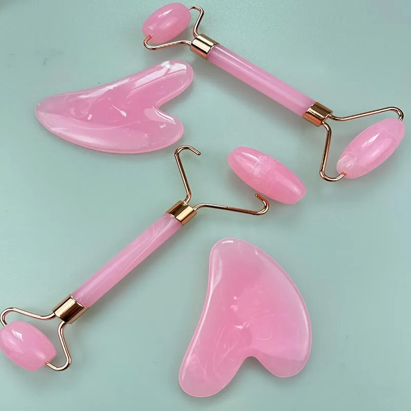 Pink Rose Quartz Massager Roller Gouache Scraper Set Crystal Stone Gua Sha Board Face Roller Skin Care Beauty Tool