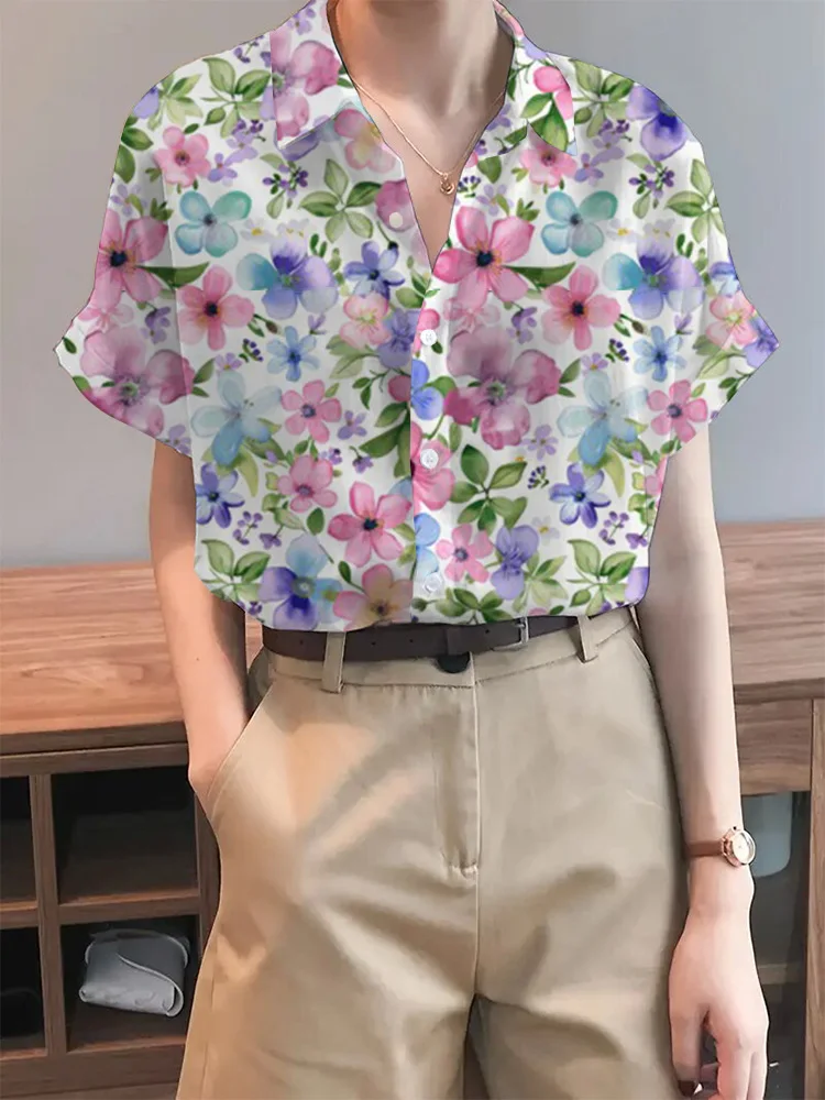 Quietly Elegant Women\'s Shirt  Floral Print Blouse Women\'s Summer Clothes Blouse Short Sleeve Button Shirts & Blouses Top