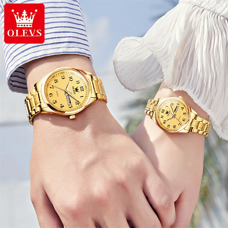 OLEVS 5567 Golden Quartz Couple Watches Paired Men and Women Luxury Brand Digits Dial Calendar Waterproof Lover's Watches Clock