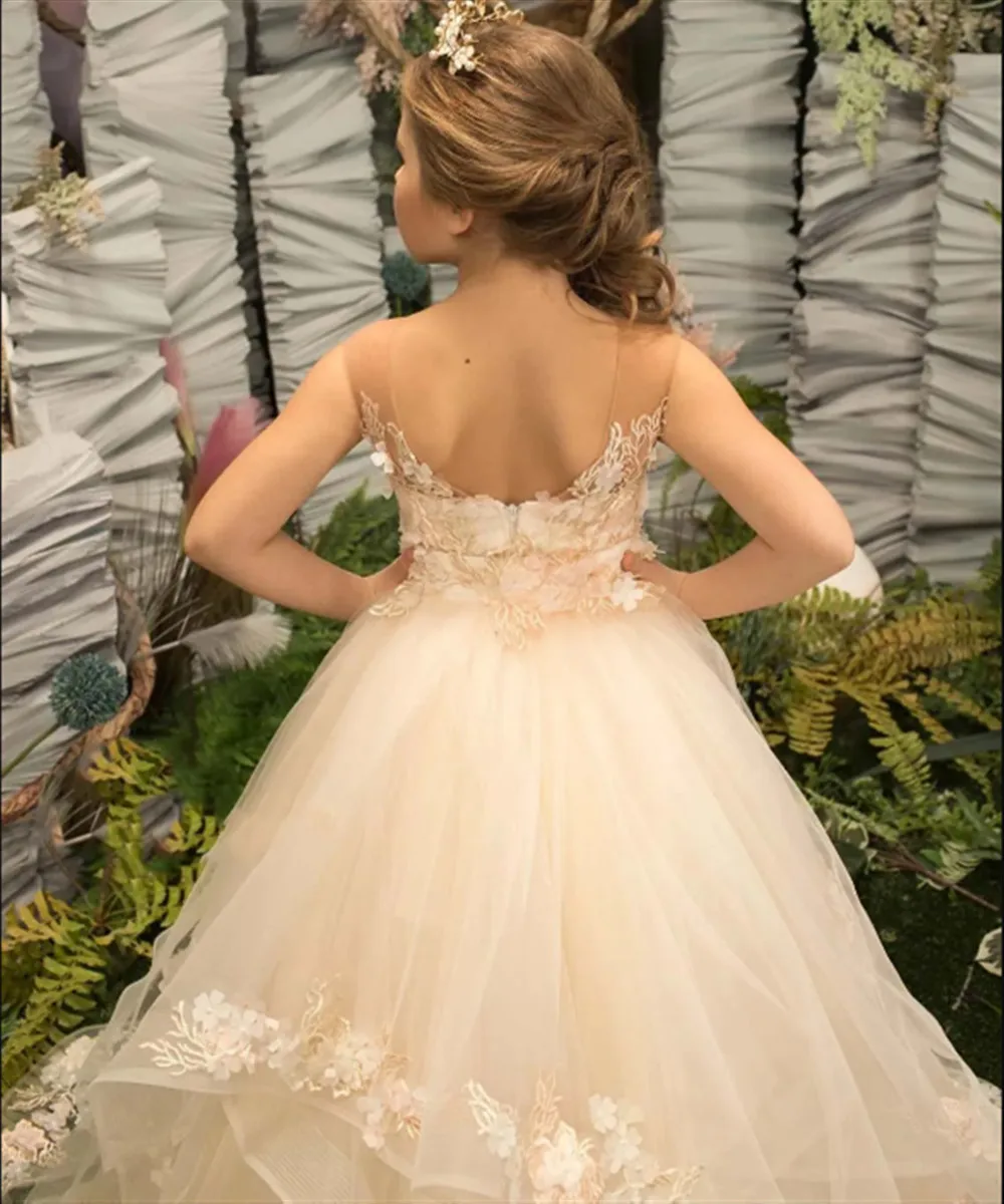 Blumenmädchen-Hochzeitskleid mit Applikationen, gestuft, ärmellos, Prinzessin, Geburtstagsparty-Kleid, Erstkommunion-Ballkleid für Kinder, individuell gestaltet