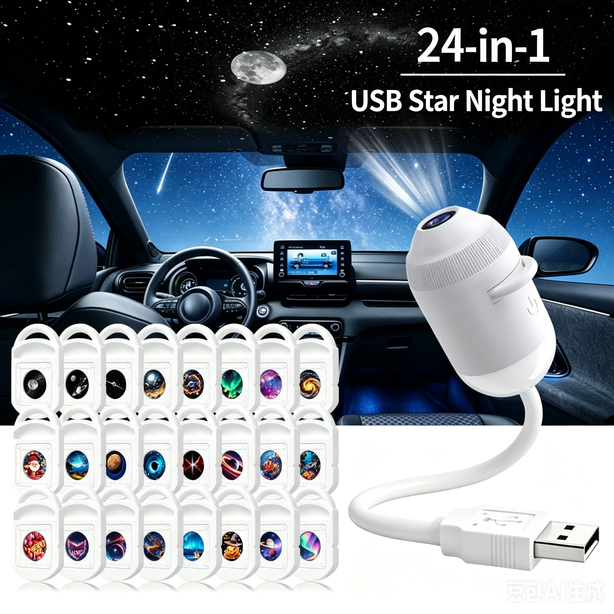 24 Films Romantic LED Starry Sky Night Light USB Powered Saturn Galaxy Projector Lamp for Car Roof Party Room Ceiling Decor