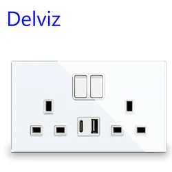 Delviz Crystal glass USB Socket, Switch control socket,18W Type-C Ports 3A Quick charge,UK standard 13A Wall Double Power Outlet