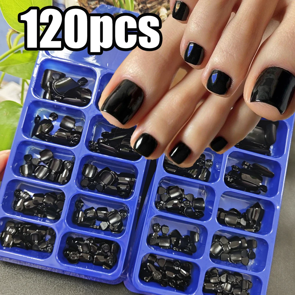 120 STKS Halloween Punk Zwarte Korte Vierkante Teennagels Nagel Tip 5-16mm Vierkant Zwart Glanzend Druk op Teennagels Full-Cover Fake Teen Tips