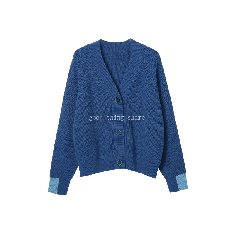 Women's Contrasting Color Cuff Slimming V-Neckline Sweater Cardigan Elegant Autumn Wear Casual Knitted Coat for Women