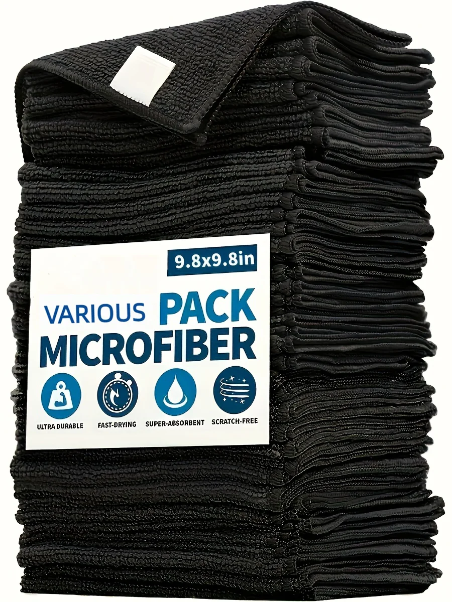 9.8x9.8 Inch Microfiber Cloths 10 Pack, Black, Highly Absorbent & Scratch Free, Reusable & Machine Washable, for Home & Office