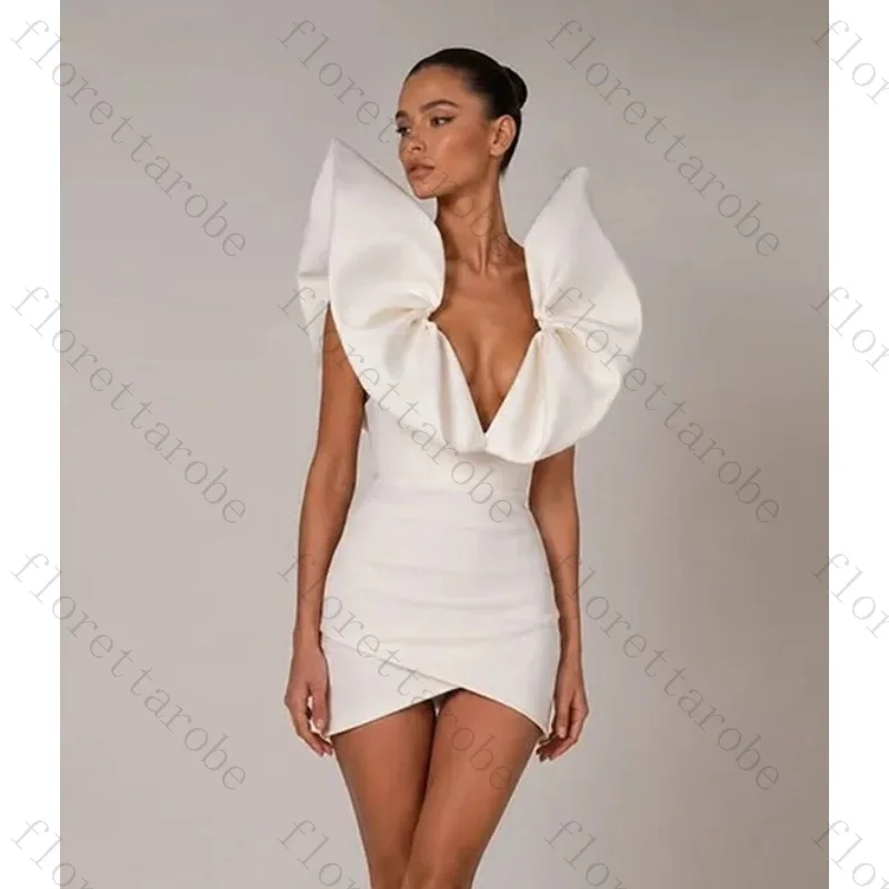 Customized Deep V Neck Mini Wedding Dress Oversized Ruffle Shoulder Satin Fitted Sheath Skirt Deep Back Zipper Bridal Gown