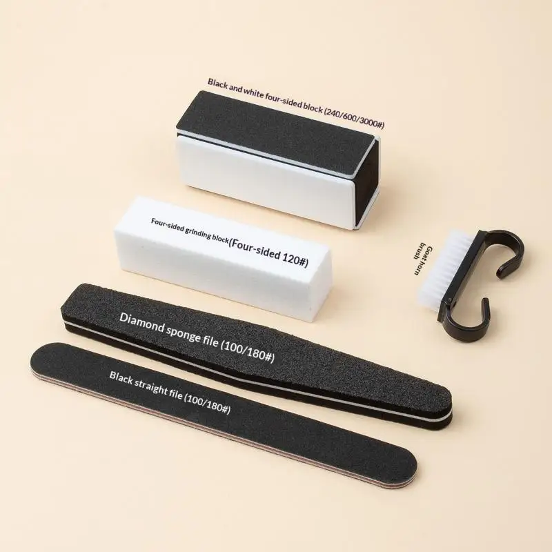 5 Pcs/Set Black Nail File Manicure Kit Double Sided Polishing Washable Files Sponge Buffer Block Acrylic Cleaning Brush DIY Set