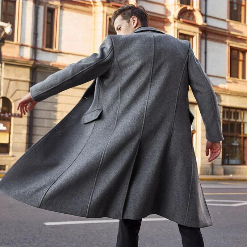 Autumn Winter Mens Wool Coat Solid Long Sleeve Woolen Jackets Fleece Men Overcoat Streetwear Fashion Long Trench Coat Outerwear