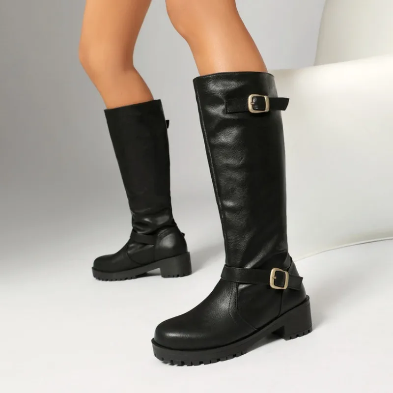 Vintage Brown Women Knee High Boots Big Size Low Heels Platform Long Boots Autumn Winter Pu Leather Zip Women Warm Booties
