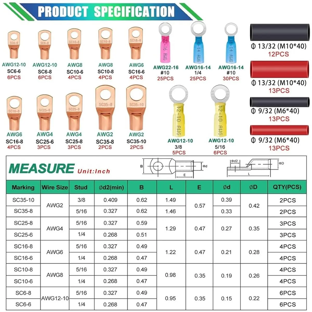 【CYBER MONDAY】180-Piece Battery Cable Lug Set(AWG 2,4,6,8,10,12,14,16 Gauge)- Copper Ring Terminals with Heat Shrink Tubing and