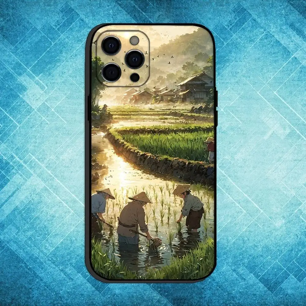 حافظة هاتف مطلية بمناظر طبيعية لهاتف iPhone17,16,15,14,13,12,11 Plus، Pro Max غطاء أسود ناعم #2