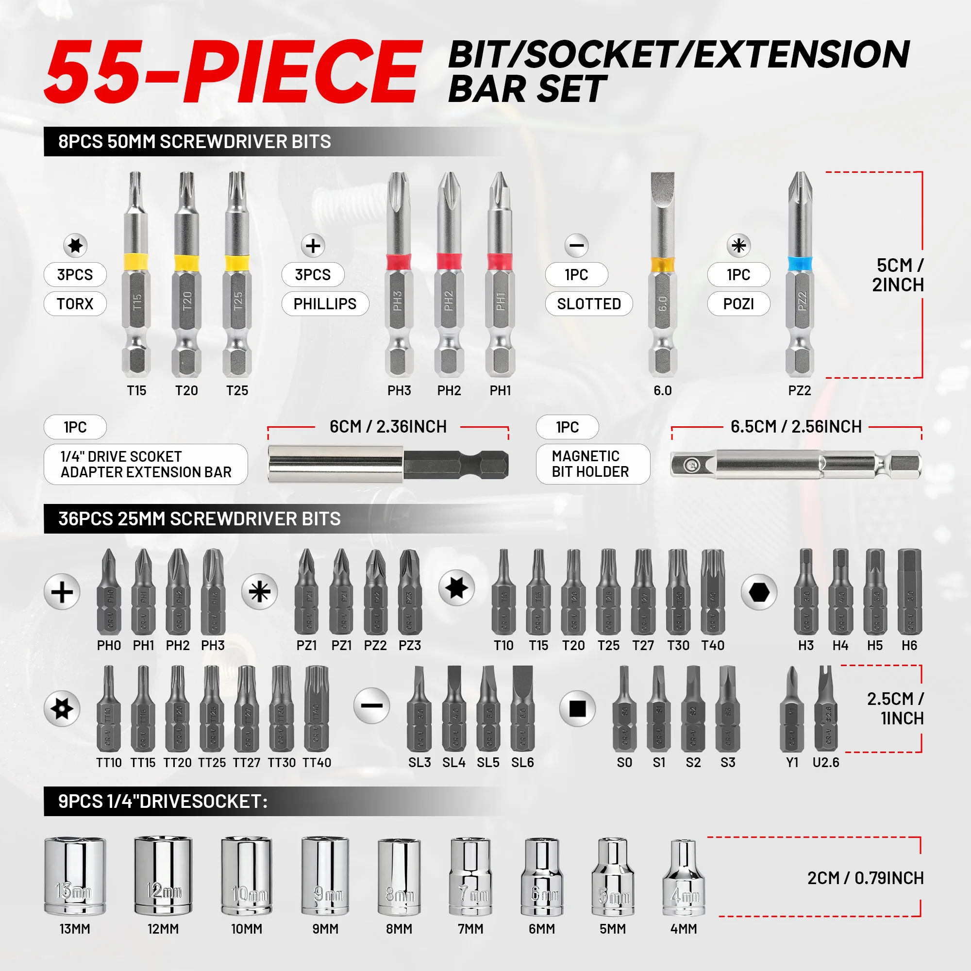 EZARC 55PCS Universal Socket & Bit Driver Set - 1/4