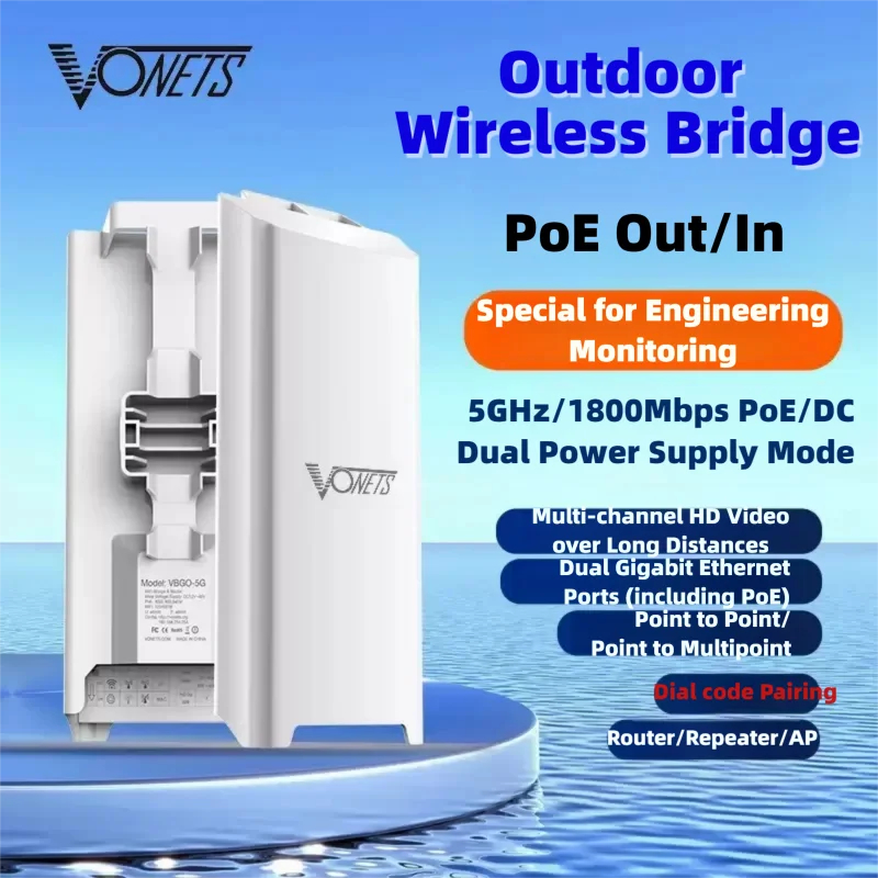 

VONETS Outdoor Gigabit POE Wireless Bridge Router AP 2 Ports 5GHz High Power Point-to-Point 1800Mbps Monitoring VBGO-5G