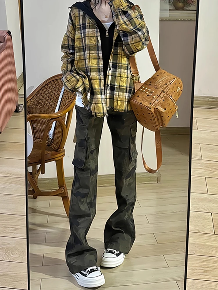 Calças Jeans Masculinas Slim Straight Leg Estilo Camuflado Retrô Americano, Calças Flare de Alta Moda Casual