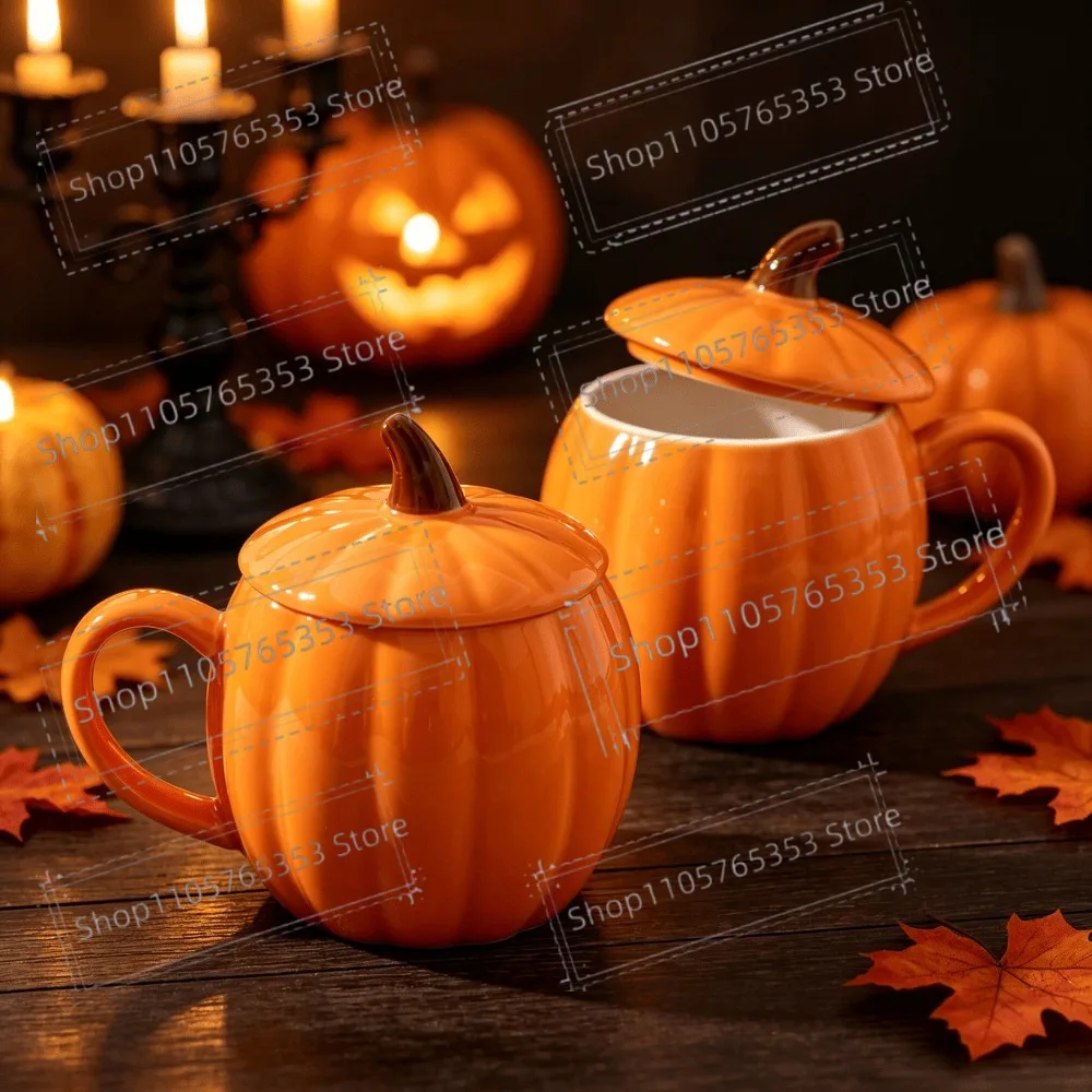 2026 Cute Pumpkin Ceramic Mug with Lid,410ml, Coffee Water Milk Oatmeal Cup Office Mugs,Gift for Christmas Halloween Easter Kids