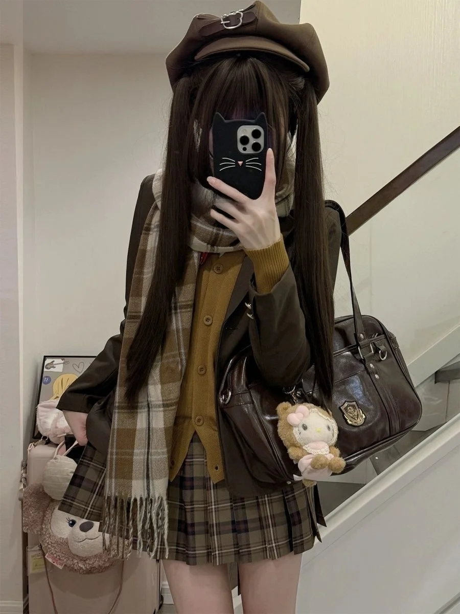 

Японская клетчатая юбка JK, открытый кардиган, женский осенне-зимний новый костюм Аосфера, верхняя одежда, длинный вязаный свитер свека