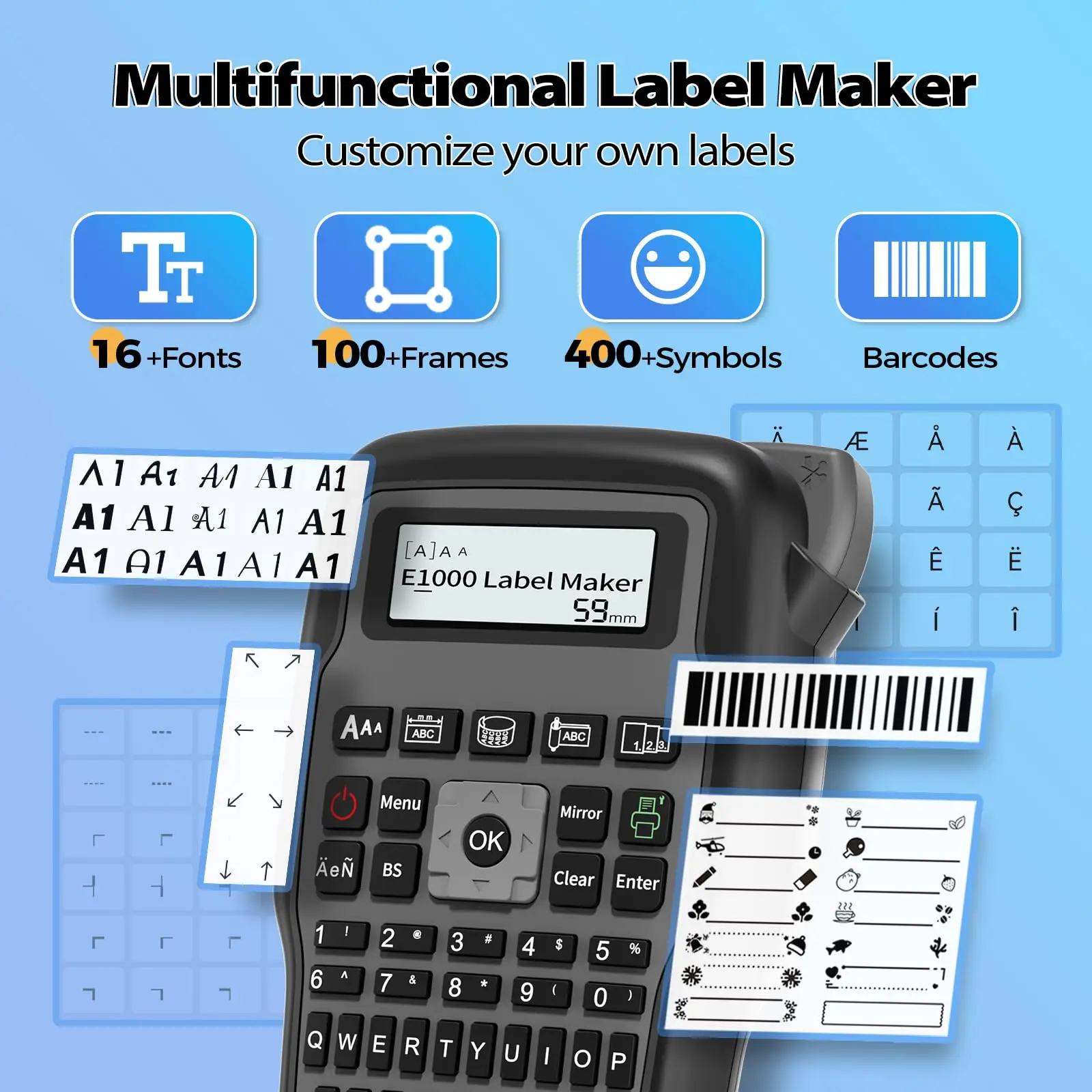 Imagem -03 - Máquina Portátil E1000 Label Maker Teclado Qwerty Teclas de um Toque Etiquetador Portátil para Casa Escritório Uso Industrial Laranja Cinza