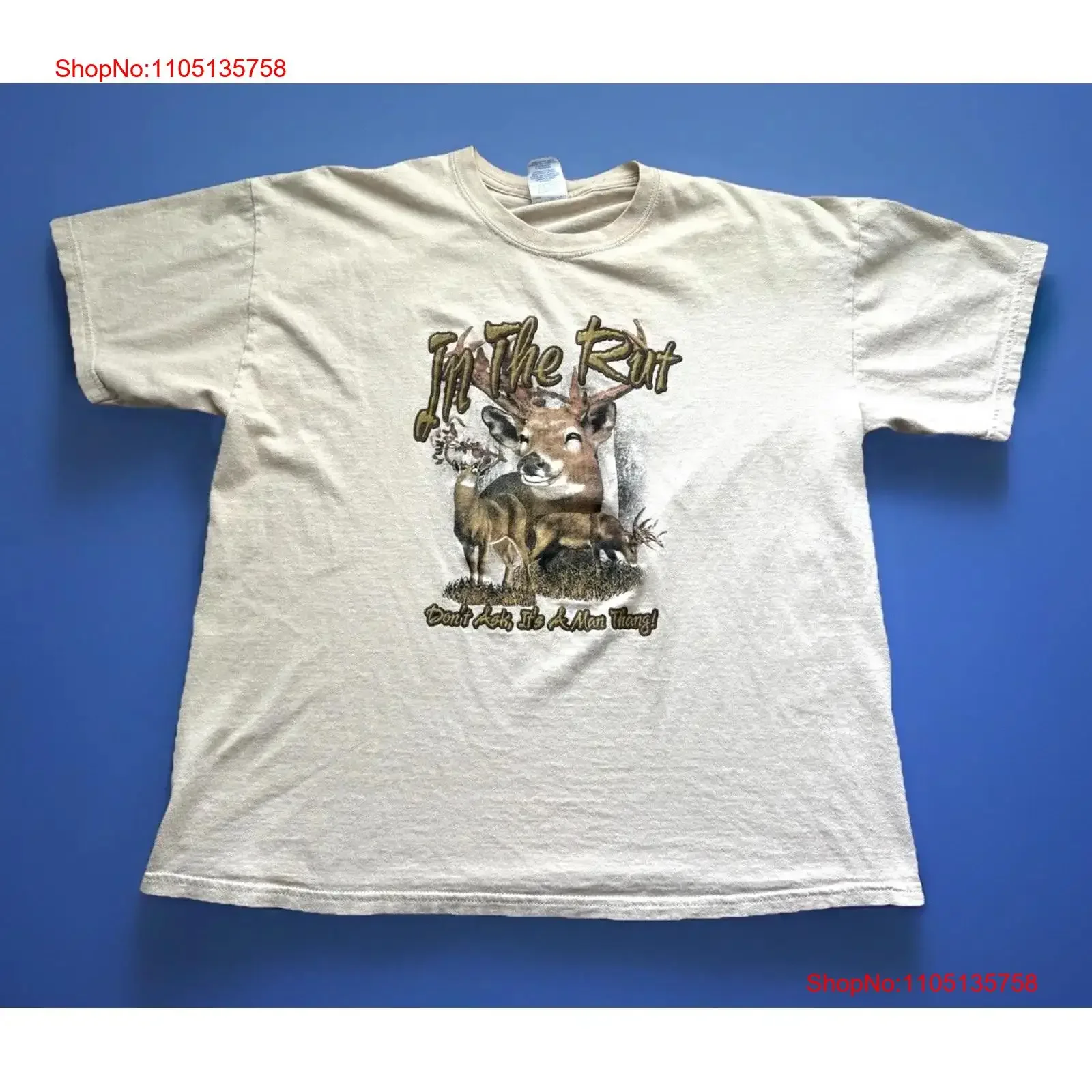 تي شيرت VTG In the Rut Deer Don't Ask It's a Man Thing تي شيرت Tan Men XL مضحك للصيد عتيق مغسول للارتداء اليومي