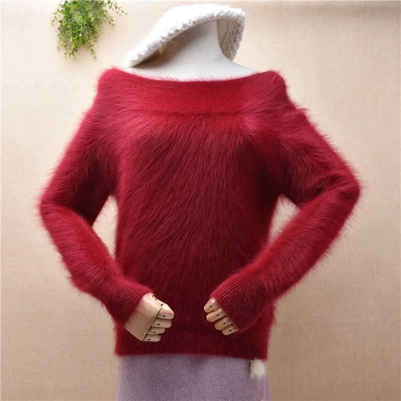 Ladies Women Fall Winter Clothing Hairy Mink Cashmere Off Shoulder Sleeves Slash Neck Slim Blouses Pullover Jumper Sweater Pull