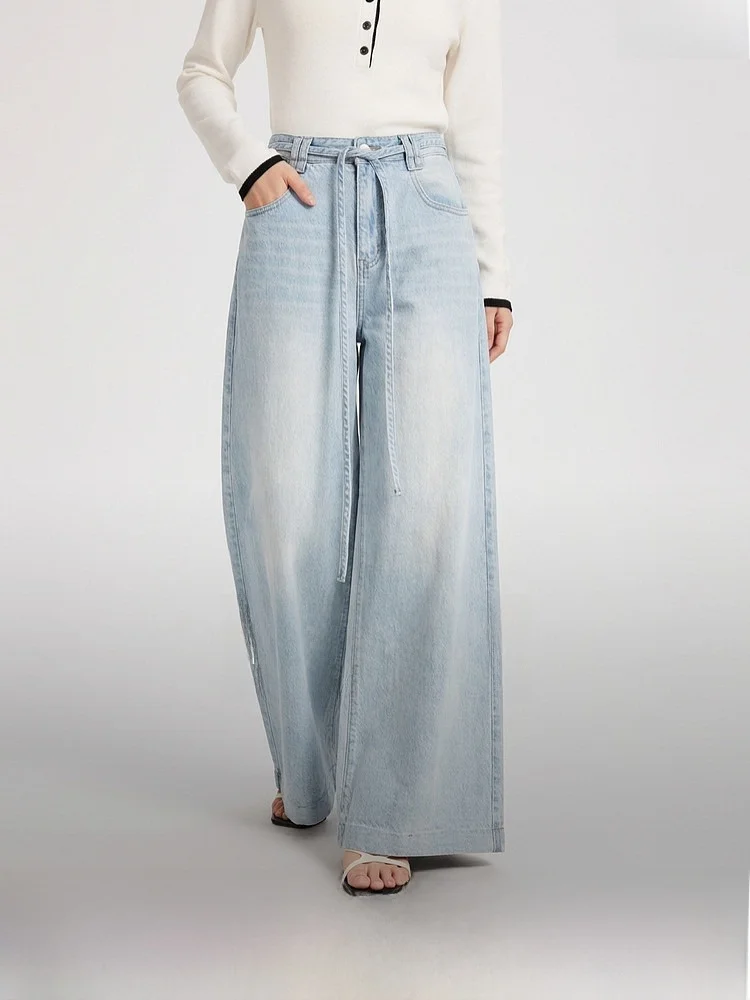 

Elle Summer 2026 Women's Loose Wide Leg Jeans Retro Tie Design High Waist Cotton Linen Lyocell Blend Comfortable Commute Style
