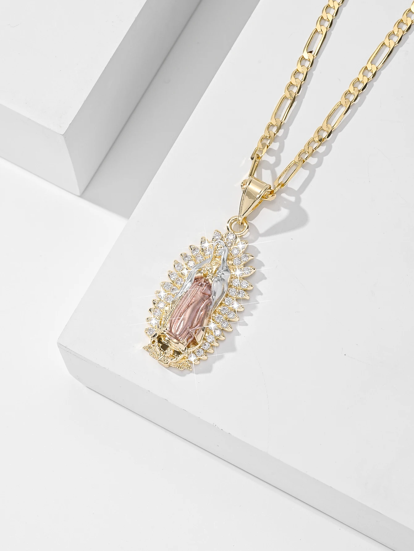 

Virgin Mary Pendant Necklace European and American Personalized Design Micro-inlaid Zirconia Colorful Religious Fashion