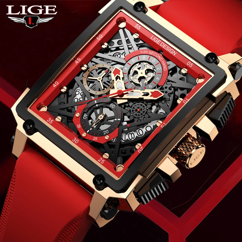 

2023 New LIGE Luxury Watch Business Waterproof Male Clock Luminous Date Soft Silicone Square Quartz Men Watch reloj hombre