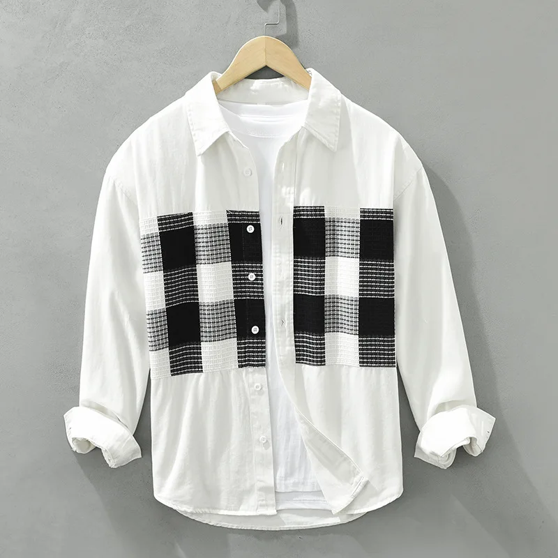 

6708 Spring Japan Style Classical Lattice Patchwork Long Sleeve Shirts Casual Loose Daily Handsome Streetwear Youth Blouse Tops