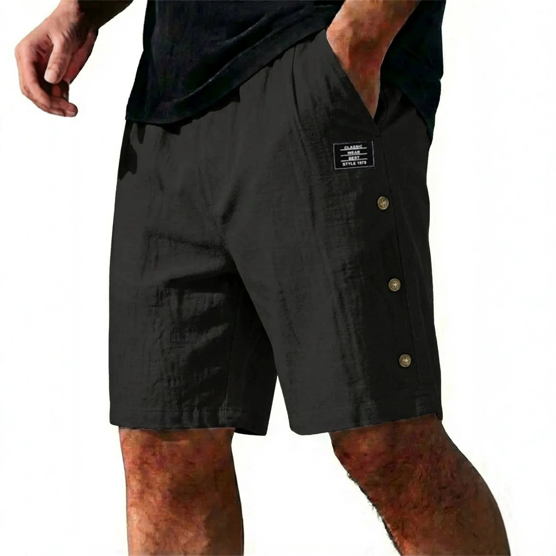 Men's Loose Cotton and Linen Beach Shorts - Summer Solid-color Casual Button-up Five-ply Pants - Quick-drying and Breathable