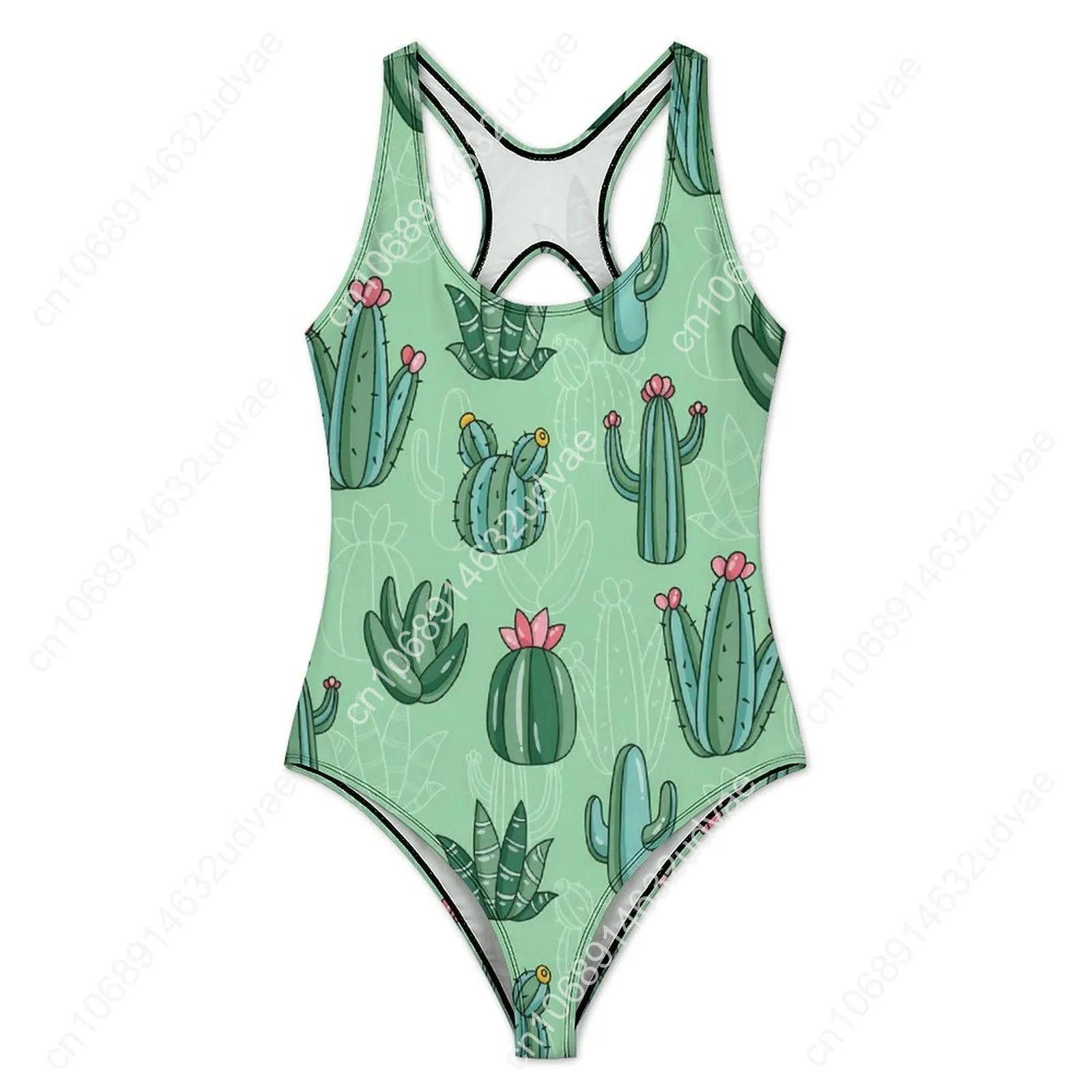 Traje de baño lindo de Cactus, traje de baño Sexy con estampado Floral rosa para mujer, trajes de baño de una pieza a la moda, trajes de baño de corte alto con realce para vacaciones Rave