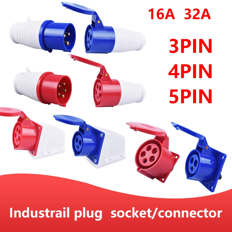 MALE FEMALE IP44 Industrial Plug and Socket Waterproof Connector 3PIN 4PIN 5PIN 16A/32A  Electrical Connection Wall Mount Socket