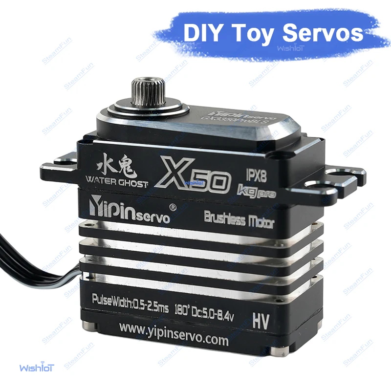 

Цифровой бесщеточный сервопривод X50 Pro с крутящим моментом 50 кг, водонепроницаемый IPX8, с металлическим редуктором 25T для радиоуправляемых моделей 1/8 и 1/10 (краулеры)