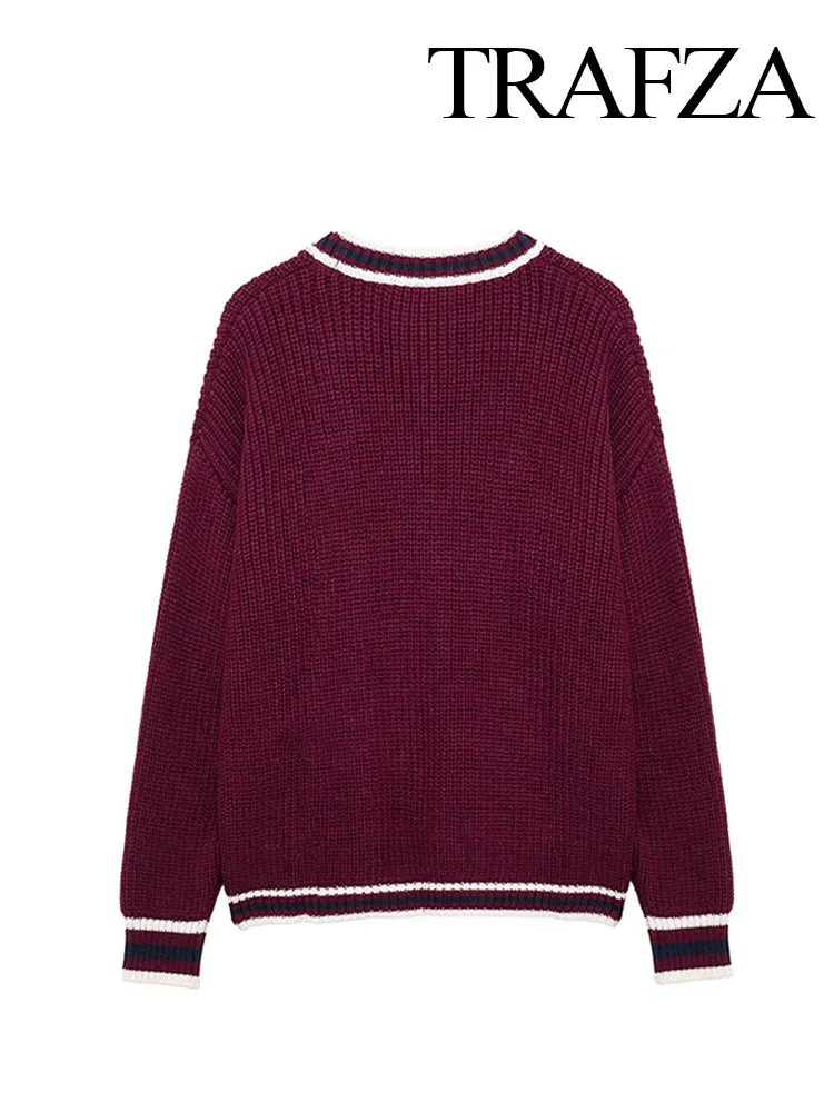 TRAFZA Women Fashion Sweater Coat Wine Red V-Neck Long Sleeves Pockets Single Breasted Cardigan Female Autumn Casual Knitted Top