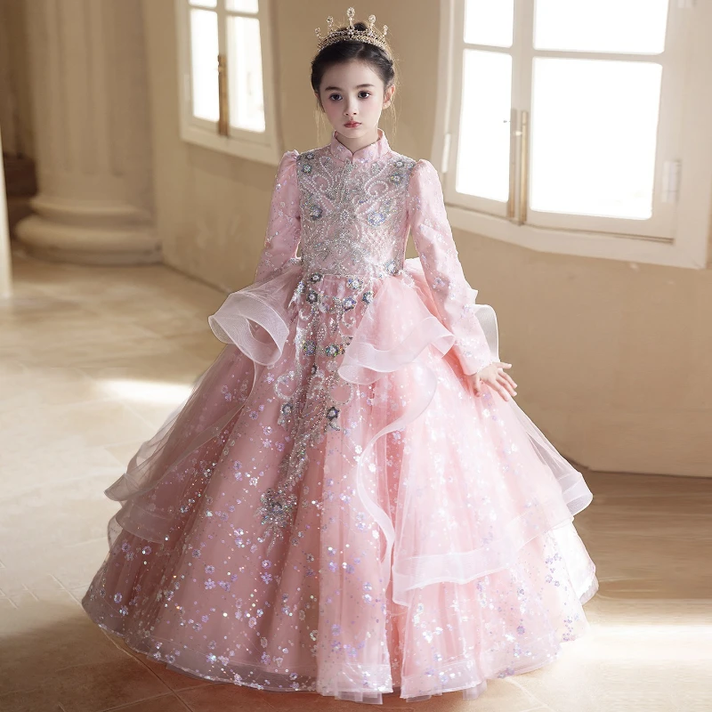 

Pink Girls Birthday Party Princess Dress Children Host Piano Recital Performance Gown Pageant Formal Elegant Flower Girl Clothes