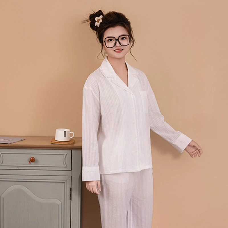 

Women's 100% Pure Cotton Pajama Set, Soft Breathable White Ruffled Collar Scalloped Button Loose Fit Home Loungewear